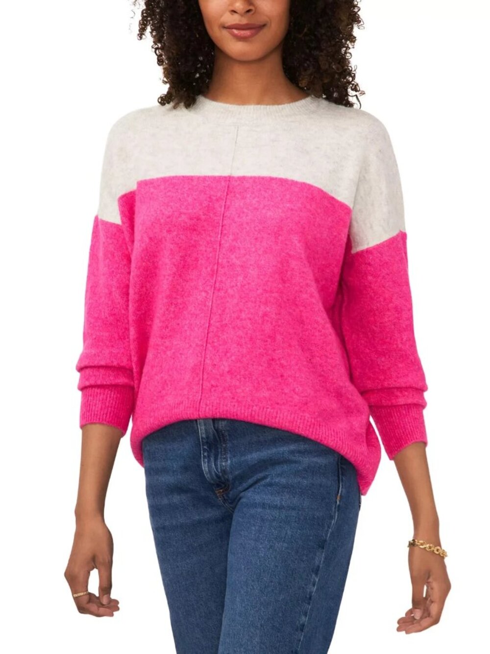 Vince Camuto Women’s Color Block Crewneck Sweater-L-Extended Shoulder Pullover
